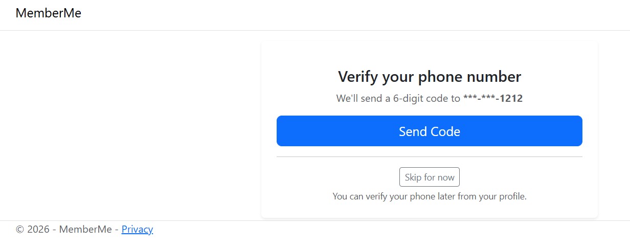 In-app screen showing SMS verification code being sent