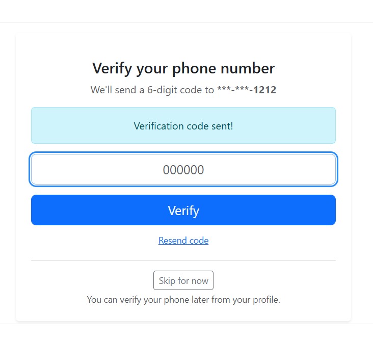 In-app screen where user enters the SMS verification code